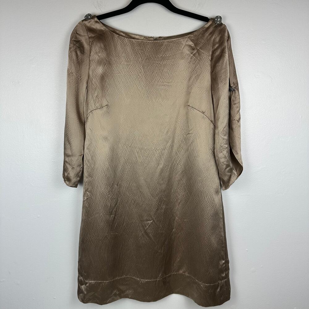 BCBGMAXAZRIA Womens Hammered Scoop Neck 100% Silk Champagne Shift Dress Small